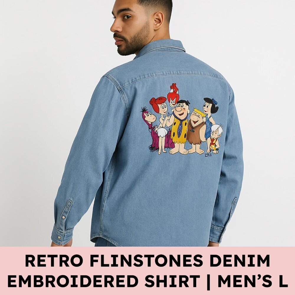 Blitzz Studios Denim Shirt, Flintstones Back Embroidery (L) Light Wash, Retro - Picture 9 of 9